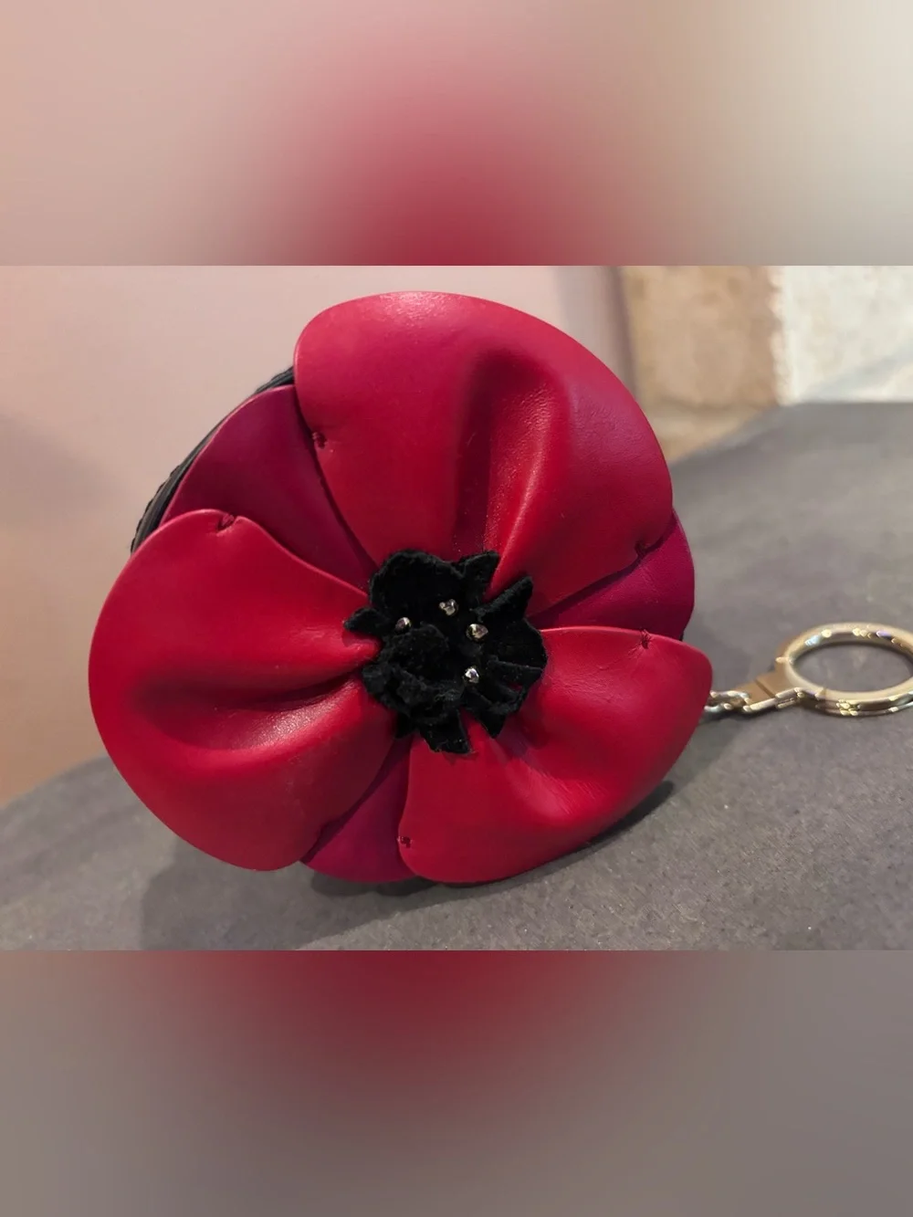 Kate Spade Red Poppy Zip Up Coin Case Leather Flower Coin Purse Key Holder